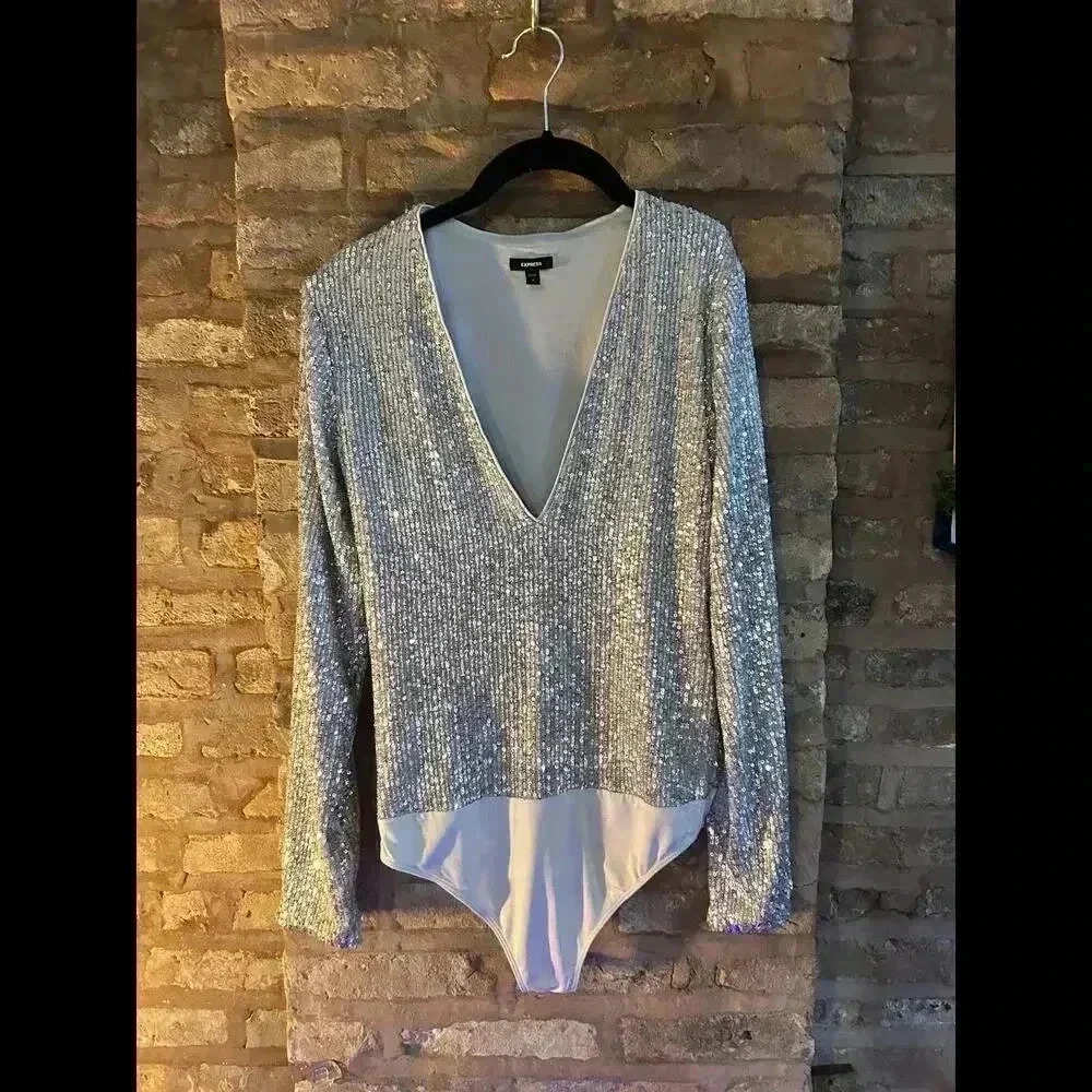 Express Sequin Long Sleeve Bodysuit - Size S